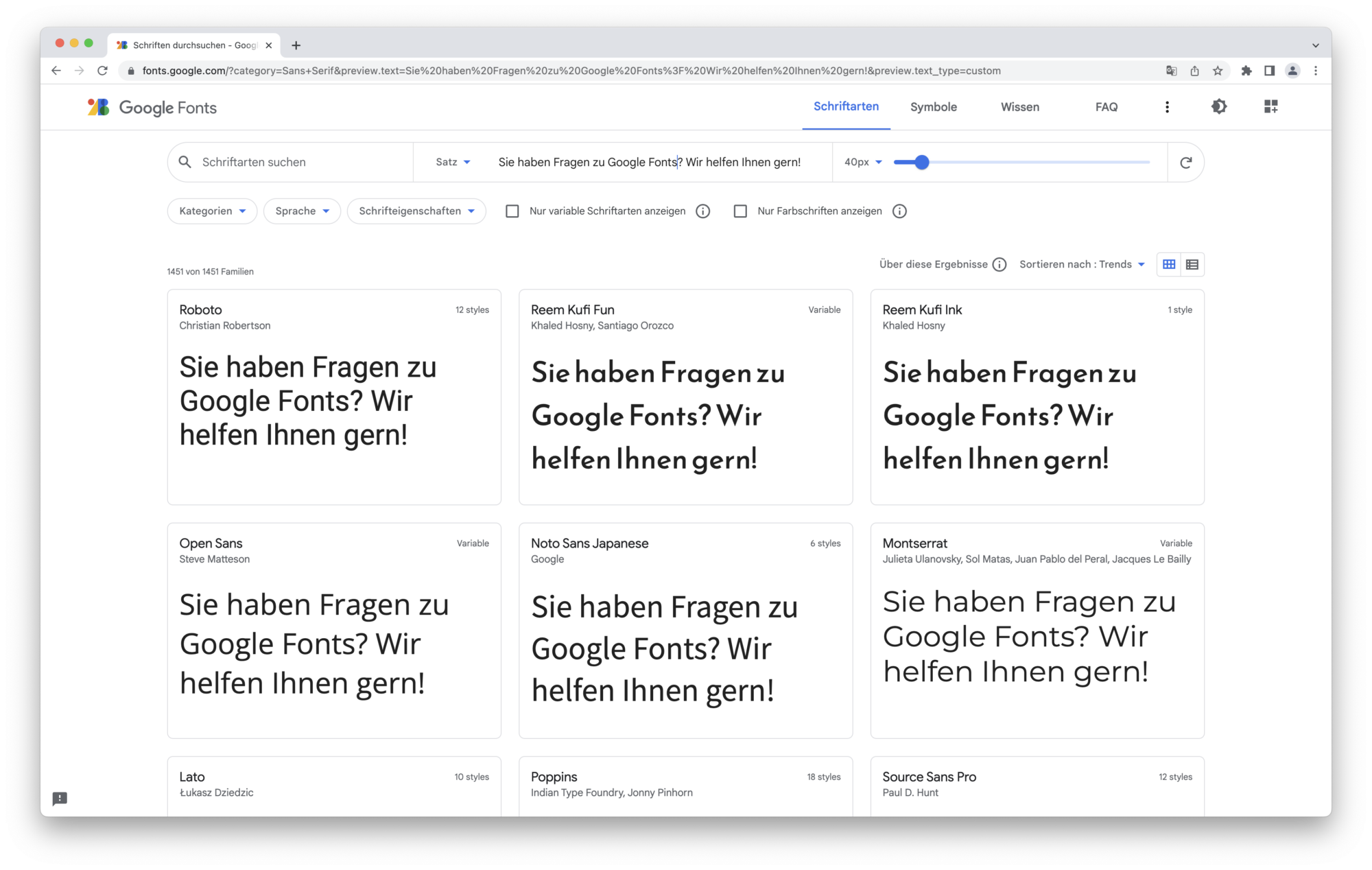Ansichten verschiedener Google Fonts